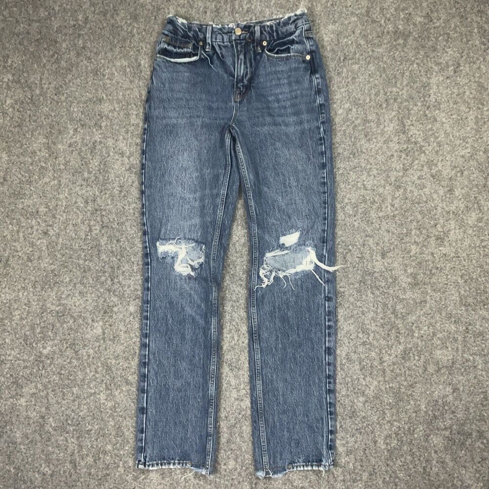 Good America Jeans Womens Size 4 Blue Denim Iconic 90’s Straight Distressed